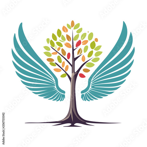 Tree with colorful leaves and feather wings illustration