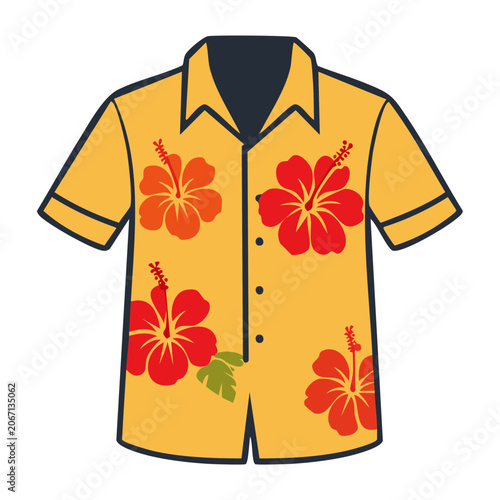 Yellow t-shirt with red tropical flowers and leaves