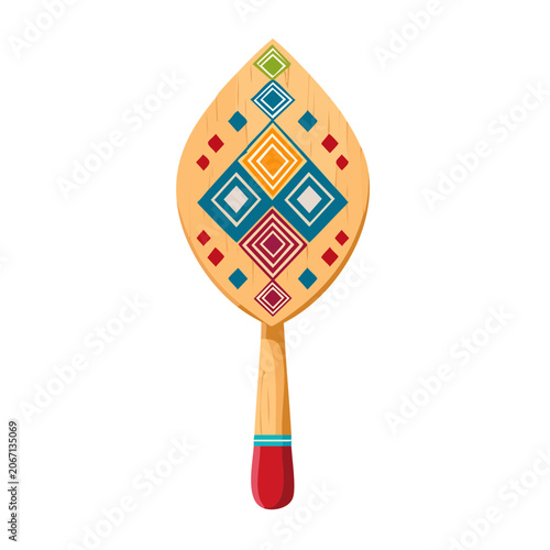 Wooden paddle with colorful geometric tribal pattern