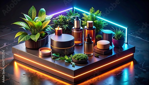 A futuristic display of skincare products and plants on a lit platform