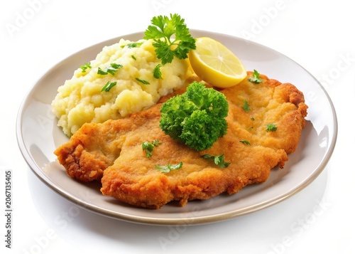 Wiener schnitzel on a plate with mashed potatoes