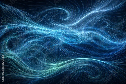 Abstract flowing blue light particles forming swirling cosmic energy patterns