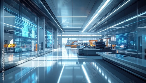 Modern High-Tech Factory Interior with Futuristic Data Displays and Automated Machinery