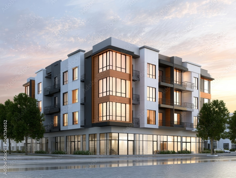 Fototapeta premium Modern Multi-Story Apartment Building with Ground-Floor Retail at Golden Hour