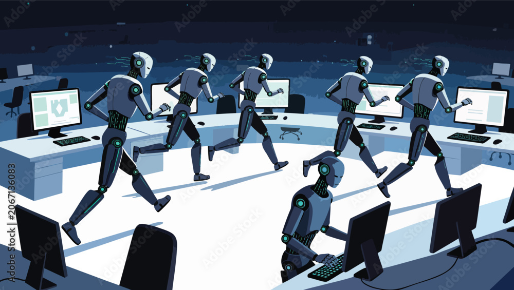 Obraz premium Robots running in a futuristic office with computers and glowing screens robots.
