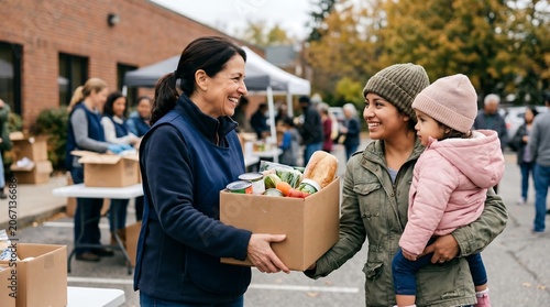 A smiling volunteer hands a box of food to a mother holding her young child at an outdoor community food bank distribution event.