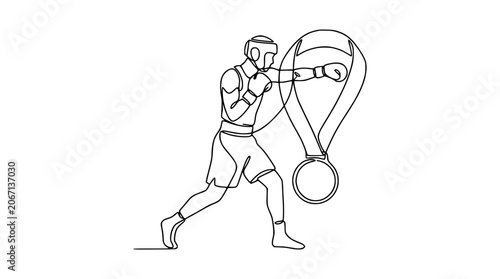 Tableau sur toile Continuous line drawing of a boxer celebrating victory with a medal, symbolizing