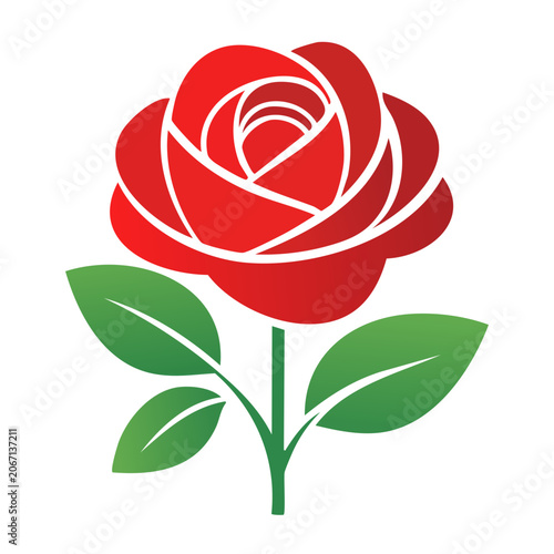 Red rose icon with green leaves on transparent background