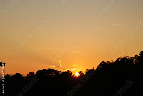 Warm golden sunset above a forest silhouette with glowing orange sky and natural landscape. Peaceful evening scene with dramatic light and copy space.