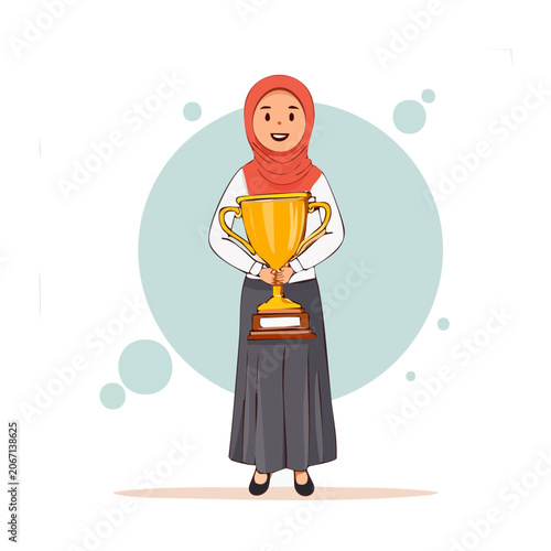 Woman in hijab holding trophy illustration