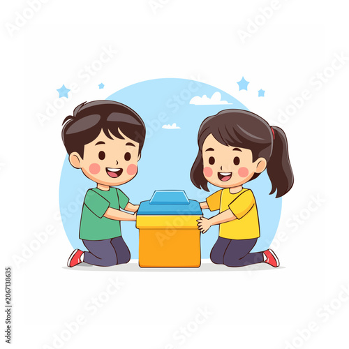 Cartoon children playing with a toy box