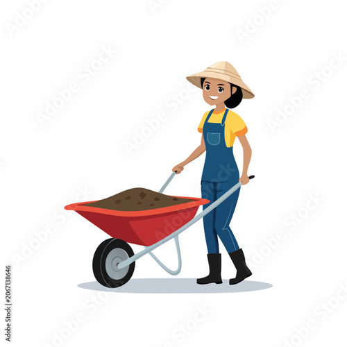 Cartoon woman pushing wheelbarrow with soil