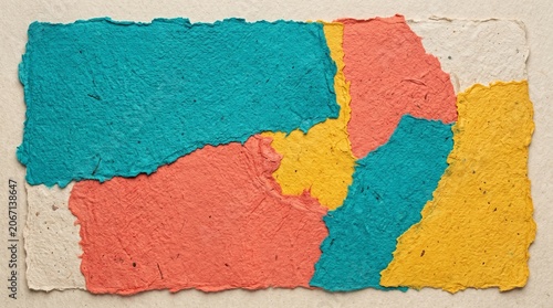 Abstract Handmade Paper Collage Featuring Vibrant Geometric Shapes and Textured Organic Layers