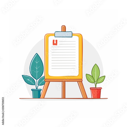Clipboard on Easel with Potted Plants Flat Illustration