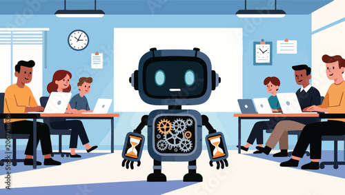 Robot overseeing a classroom session with laptops and clocks education technology.