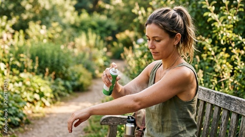 A woman sprays insect repellent on her arm while sitting on a park bench surrounded by lush greenery.