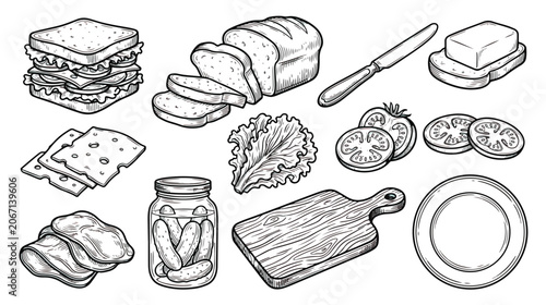 Bild auf Leinwand Vintage hand drawn sandwich ingredients set, black and white food illustrations,
