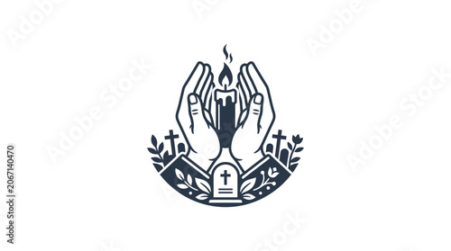 Canvas Print Hands Holding Candle Flame Over Gravestone, Symbolizing Remembrance and Faith