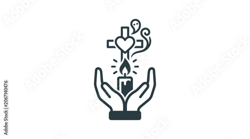 Canvas Print Hands Holding Candle, Cross, Heart, Ghost Icon: Faith, Hope, Spirituality, Life