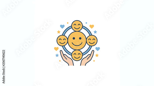 Foto Happy Faces Circle Surrounded by Hands, Hearts and Stars - Positive Emotion Conc
