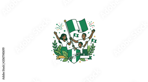 Fotografie Happy Nigerian Family Celebrating Independence Day with Flag and Fireworks
