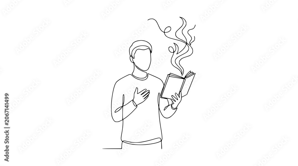 Αυτοκόλλητο Man Reading Book, Ideas Flowing Out, Continuous Line Art