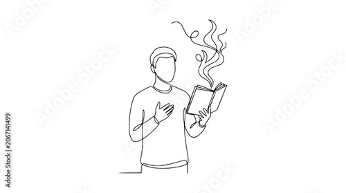 Εκτύπωση καμβά Man Reading Book, Ideas Flowing Out, Continuous Line Art