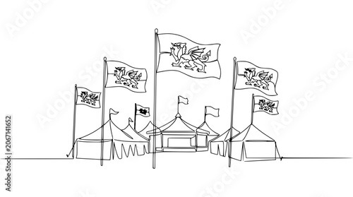 Photos Medieval Fairground Tents and Flags with Dragon Emblem - Continuous Line Art
