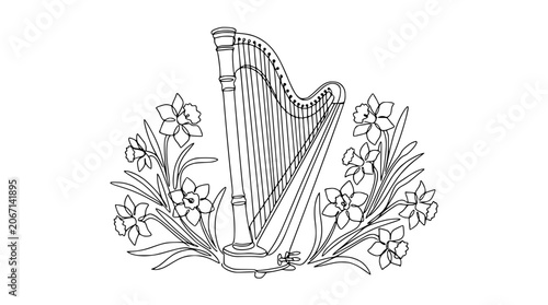 Foto Elegant Harp Surrounded by Delicate Daffodils - Line Art Illustration