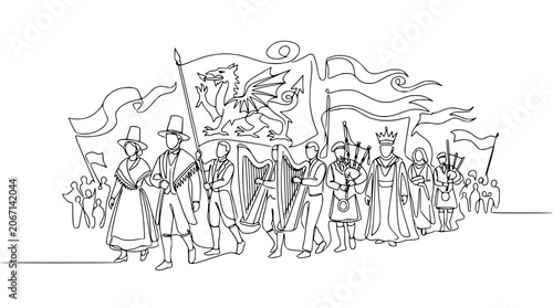 Foto Welsh Parade: Dragon Flag, Harp, Bagpipes, King, People in Traditional Costume