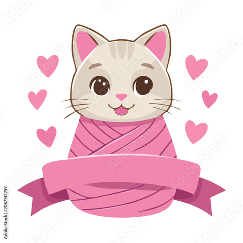 Cute cartoon pig with heart and ribbon