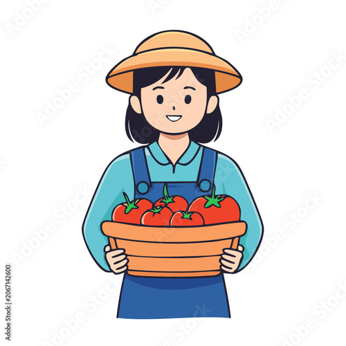 Cartoon Farmer Holding Basket of Tomatoes