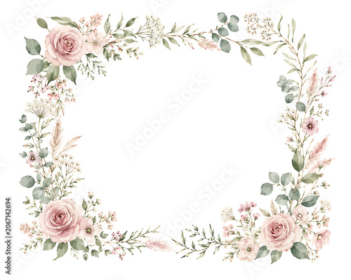Vintage pink rose floral frame vector border with leaves and blossoms
