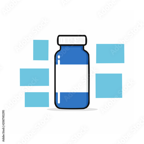 Flat design pill bottle with scattered capsules
