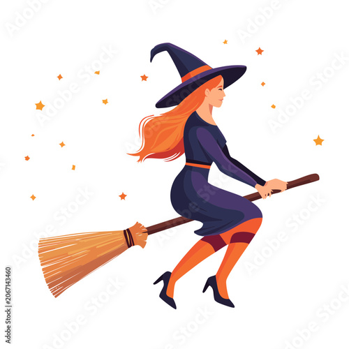 Witch flying on broomstick with stars