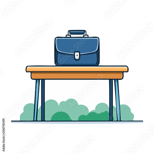 Blue briefcase on wooden desk with green hedge background