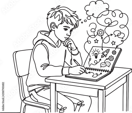 Canvastavla Thoughtful boy with creative ideas and sketches on a notebook
