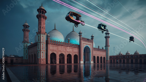 A surreal scene of tuk tuks flying in the air with laser beams near a large mosque with domes and minarets