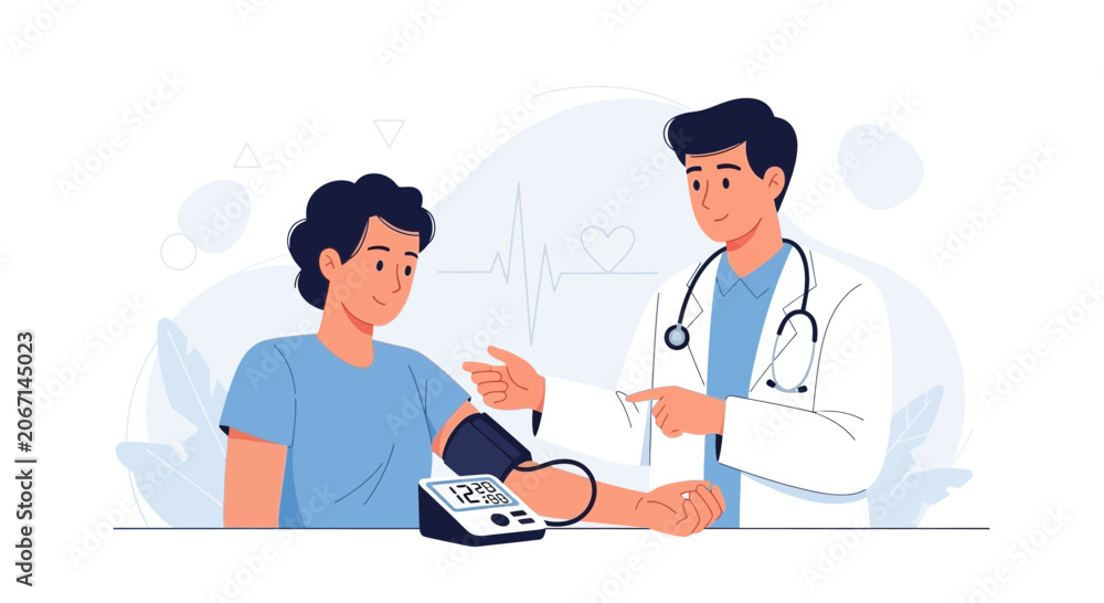 Fototapeta premium Doctor taking patient's blood pressure with digital monitor, medical checkup, healthcare concept