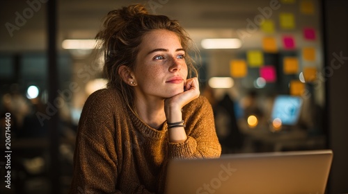 Woman working late at office with laptop, looking stressed