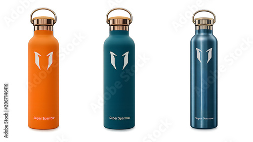 Three reusable stainless steel thermal water bottles with metallic caps stainless reusable isolated background container beverage
