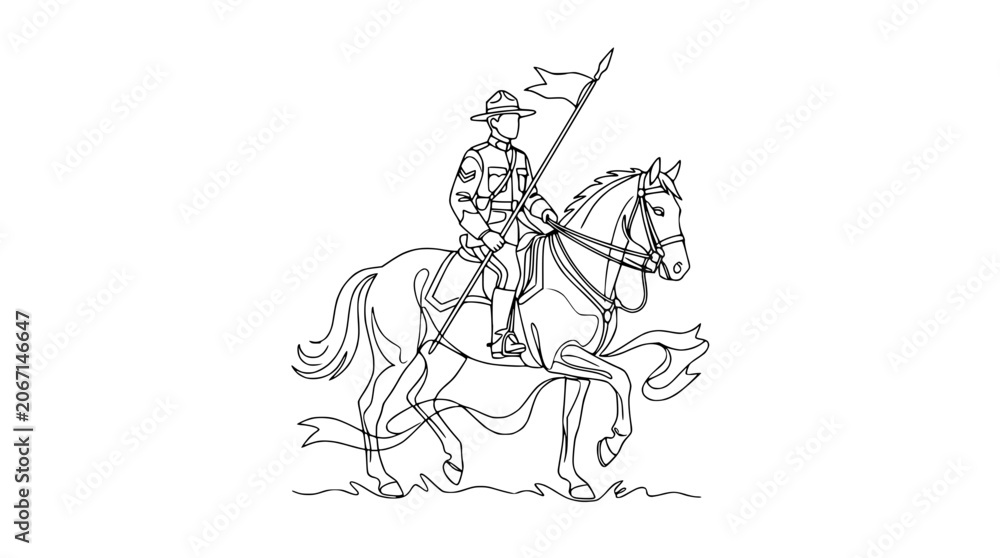 Obraz premium Equestrian Soldier with Flag - Continuous Line Drawing