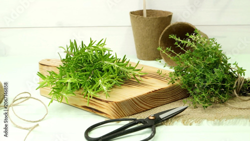 Fresh Rosemary and Thyme Herbs on a Wooden Board