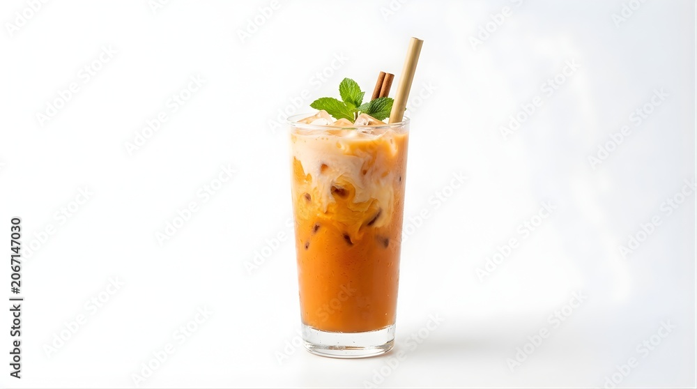 Fototapeta premium Isolated glass of iced Thai tea with milk and cinnamon stick, refreshing summer beverage, culinary photography for cafe menu