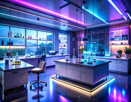 A futuristic laboratory with neon lights and workstations