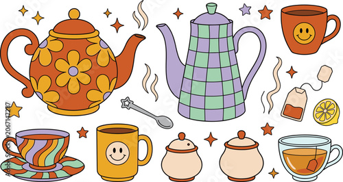 Schilderij op canvas Retro groovy tea and coffee time vector element set