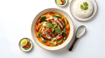 Thai red curry with roasted duck and steamed rice served in a rustic ceramic bowl with aromatic herbs and chili