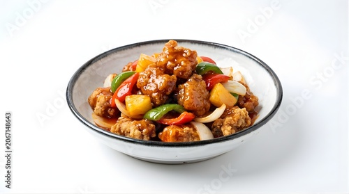 Sweet and sour pork with pineapple and bell peppers in a ceramic bowl, classic Chinese cuisine, takeout food favorite