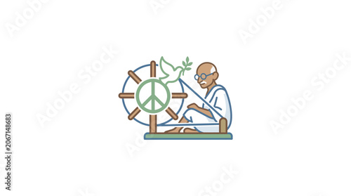Billede på lærred Mahatma Gandhi with spinning wheel, peace symbol, and dove illustration