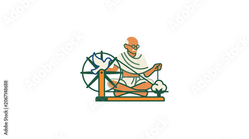 Billede på lærred Mahatma Gandhi with spinning wheel, symbol of Indian independence and self-suffi